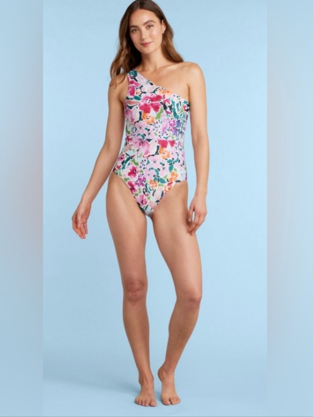 SUMMERSALT 8 One Piece Shoulder  Floral Swimsuit Multicolor Watercolor Print